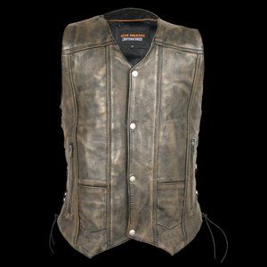 Men's Distressed Brown 10 Pocket Leather Vest '' High Mileage''